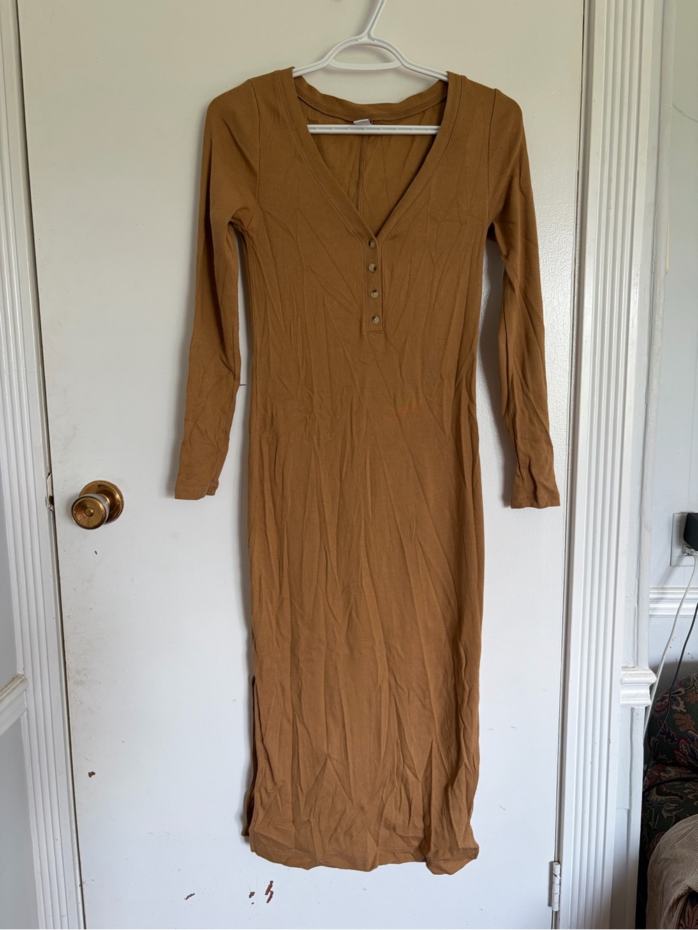 Old Navy Camel Long Sleeve V-Neck Midi Dress